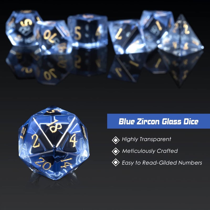 DNDND Glass DND Dice Set 7 Piece Zircon Dice with Great Gift Box for D&D Dungeons and Dragon Tabletop Game (Blue Glass with Gold Num) - Image 3